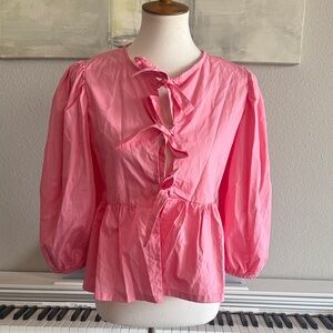 Pink Tie Front Peplum Bubble Bow-Tie Blouse Sz Medium